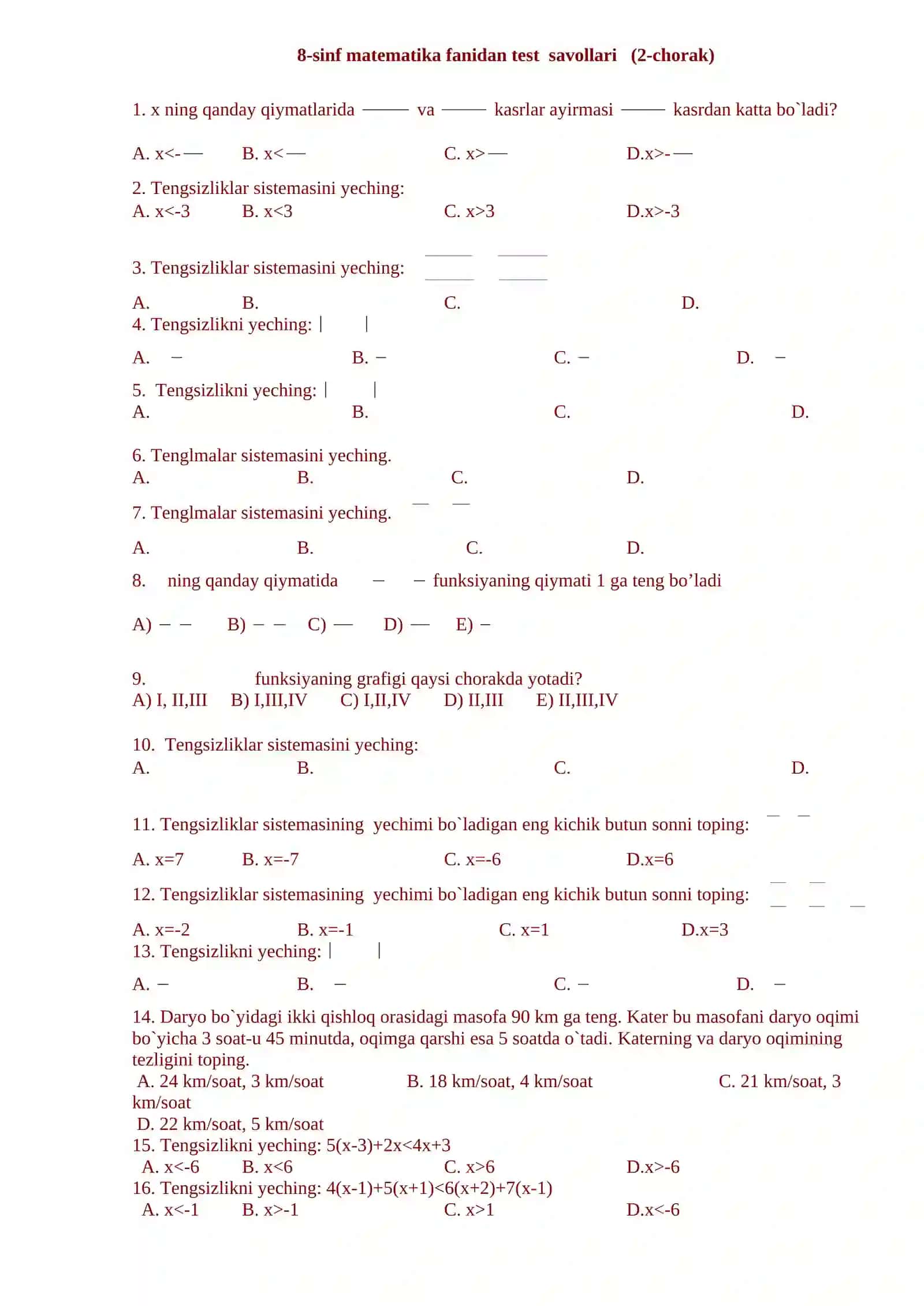 8-sinf matematika fanidan test savollari I – chorak, I-variant 3