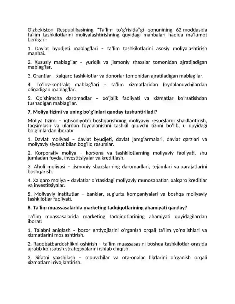 Taʼlim iqtisodiyoti va rahbarning moliyaviy kompetentligi fanidan yakuniy nazorat javoblari 3