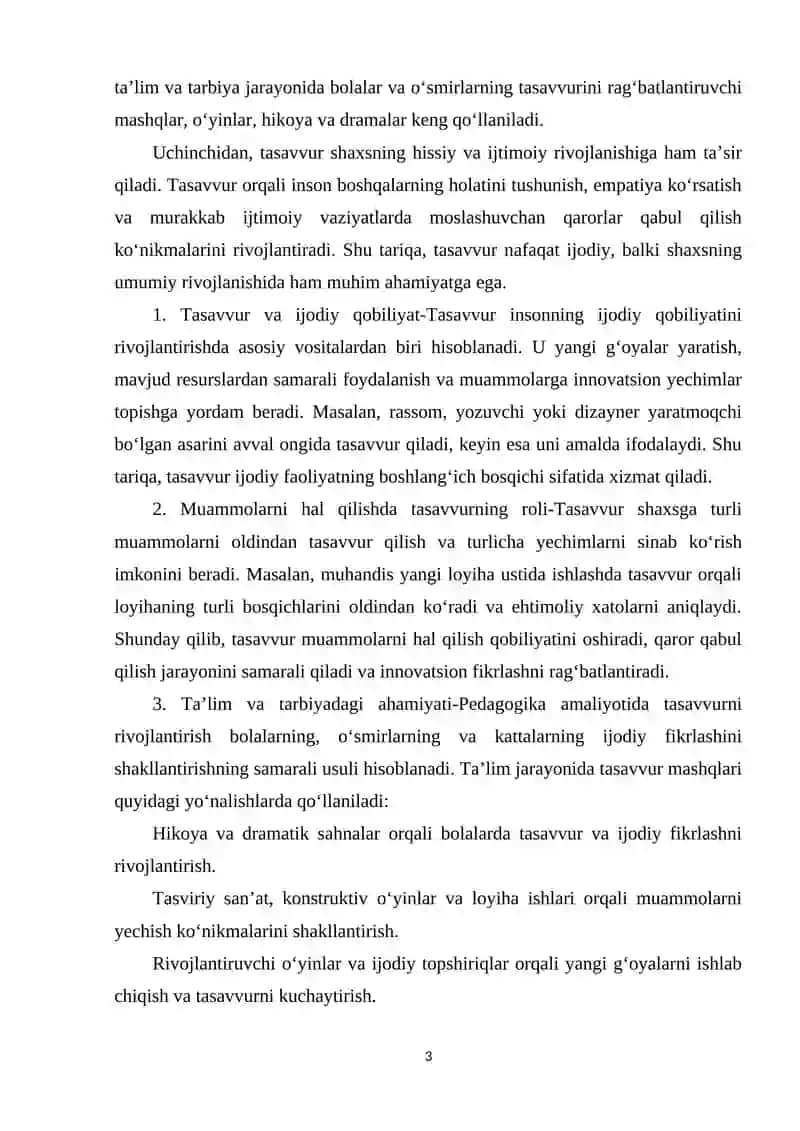 TASAVVUR. IJODIY QOBILYATNI SHAKILLANTIRISHDA TASAVVURNING AHAMIYATI 3