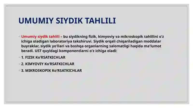 siydik tahlili. zimnitskiy, nechiporenko, reberg sinamalari 3