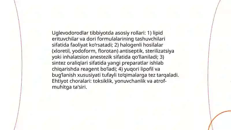 Uglevodorodlar,atsiklik alkanlar galogen xosilalari, spirtlar, aldegidlar va uglevodlarning tibbiyotda qollaniladigan preparatlari 3