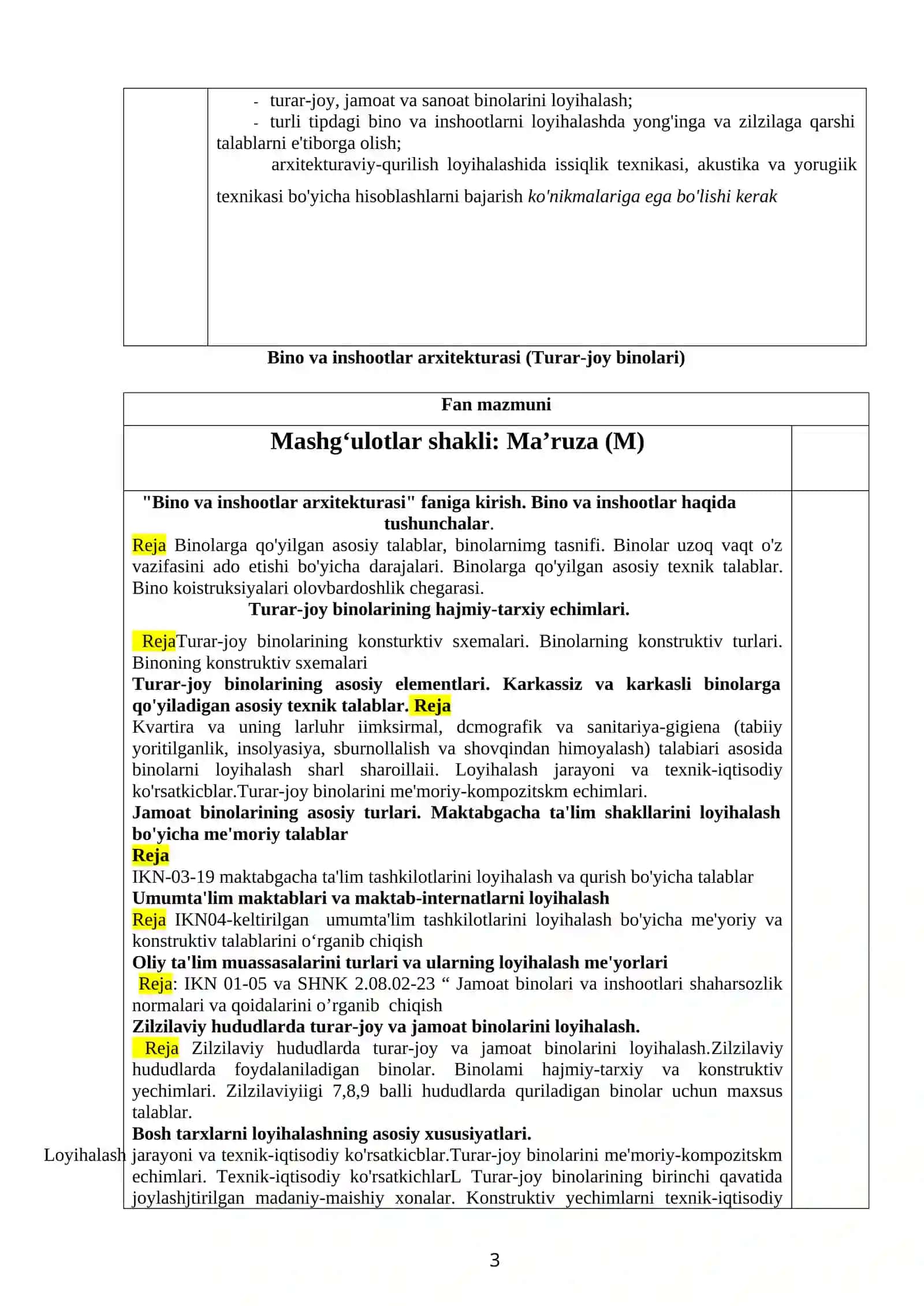 BINO VA INSHOOTLAR ARXITEKTURASI FANI BO‘YICHA O’QUV DASTURI 3