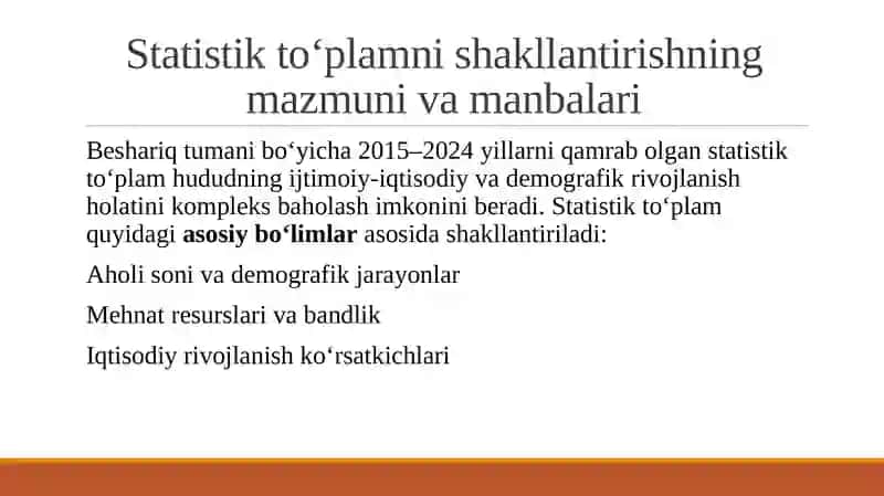 Beshariq tumaning 2015-2024 yillar uchun statistik to’plamni shakllantirish, uni dinamikasini tahlil etish 3