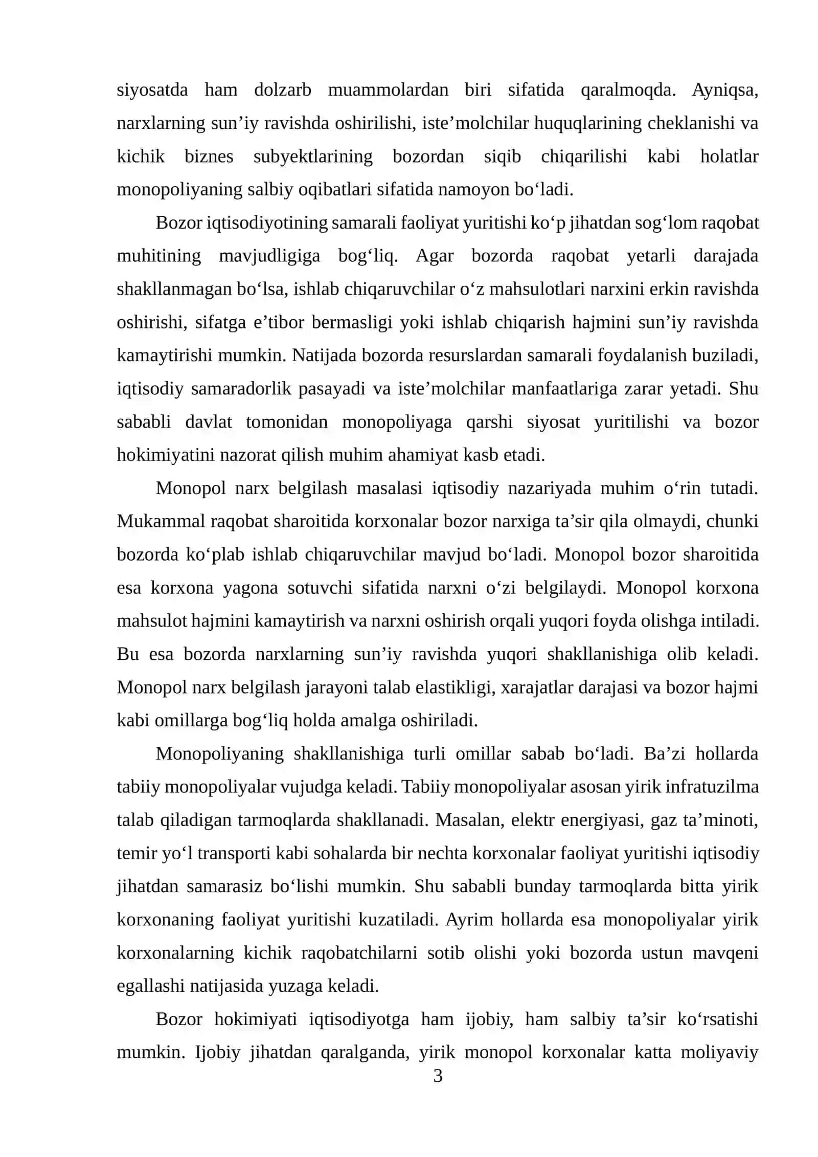 Raqobatlashmagan bozor sharoitida monopol narx belgilash va bozor hokimiyati 3