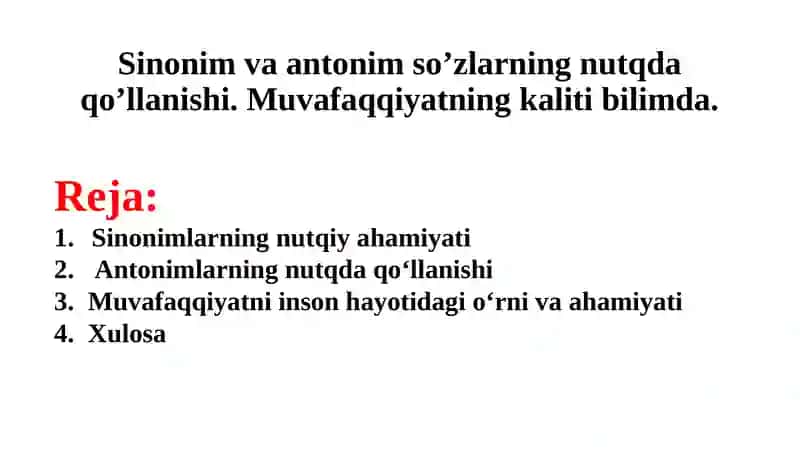 Sinonim va antonim so’zlarning nutqda qo’llanishi. Muvafaqqiyatning kaliti bilimda. 3