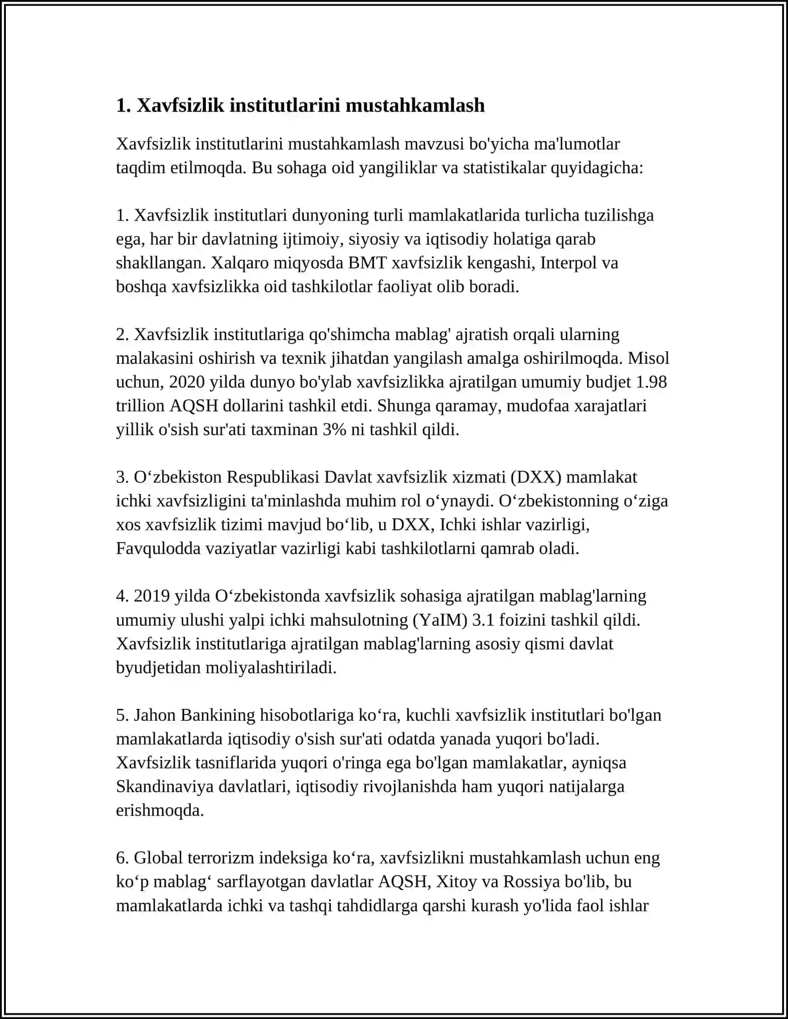 MILLIY XAVFSIZLIK TA'MINLASH BORASIDA AMALGA OSHIRILAYOTGAN ISHLAR 3