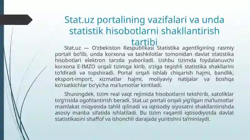 Stat.uz, my3.soliq.uz, my.soliq.uz, my.mehnat.uz, didox.uz, soliqservis.uz saytlarida korxona ma'lumotlari va hisobotlarini shakllantirish hamda tashkilotlarning buxgalteriya tizimi 3