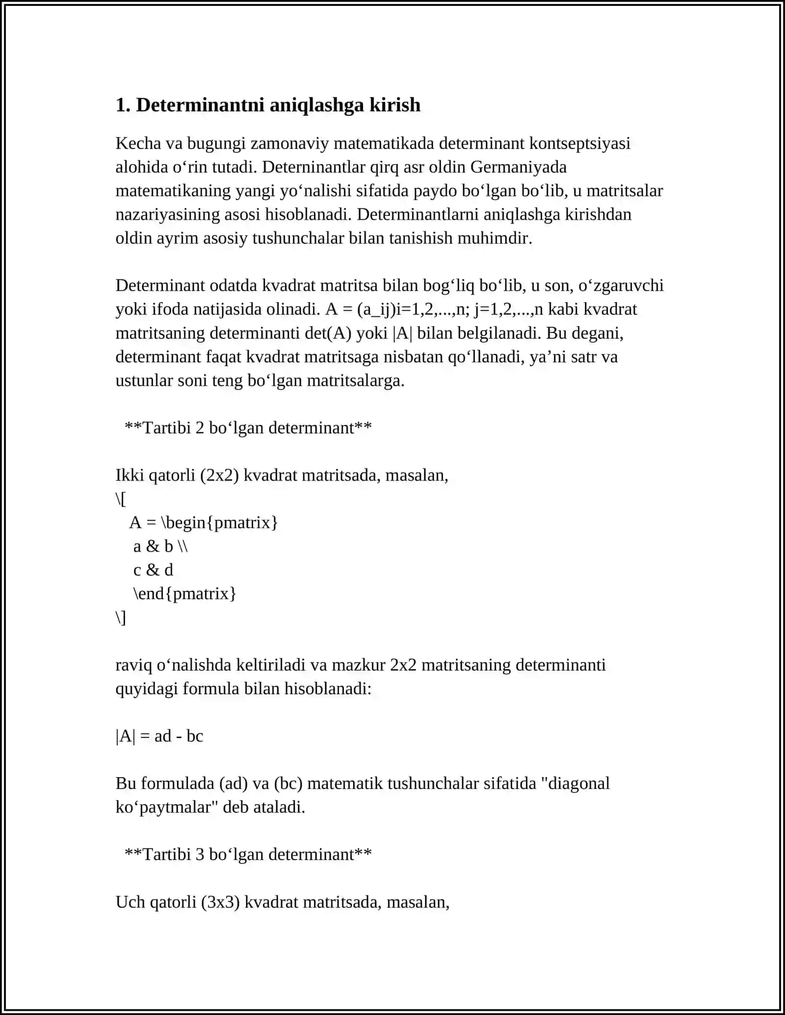 DETERMINANTNI UCH USULDA HISOBLANG USTUN BUYICHA SATR BUYICHA NOLGA AYLANTIEIB 3