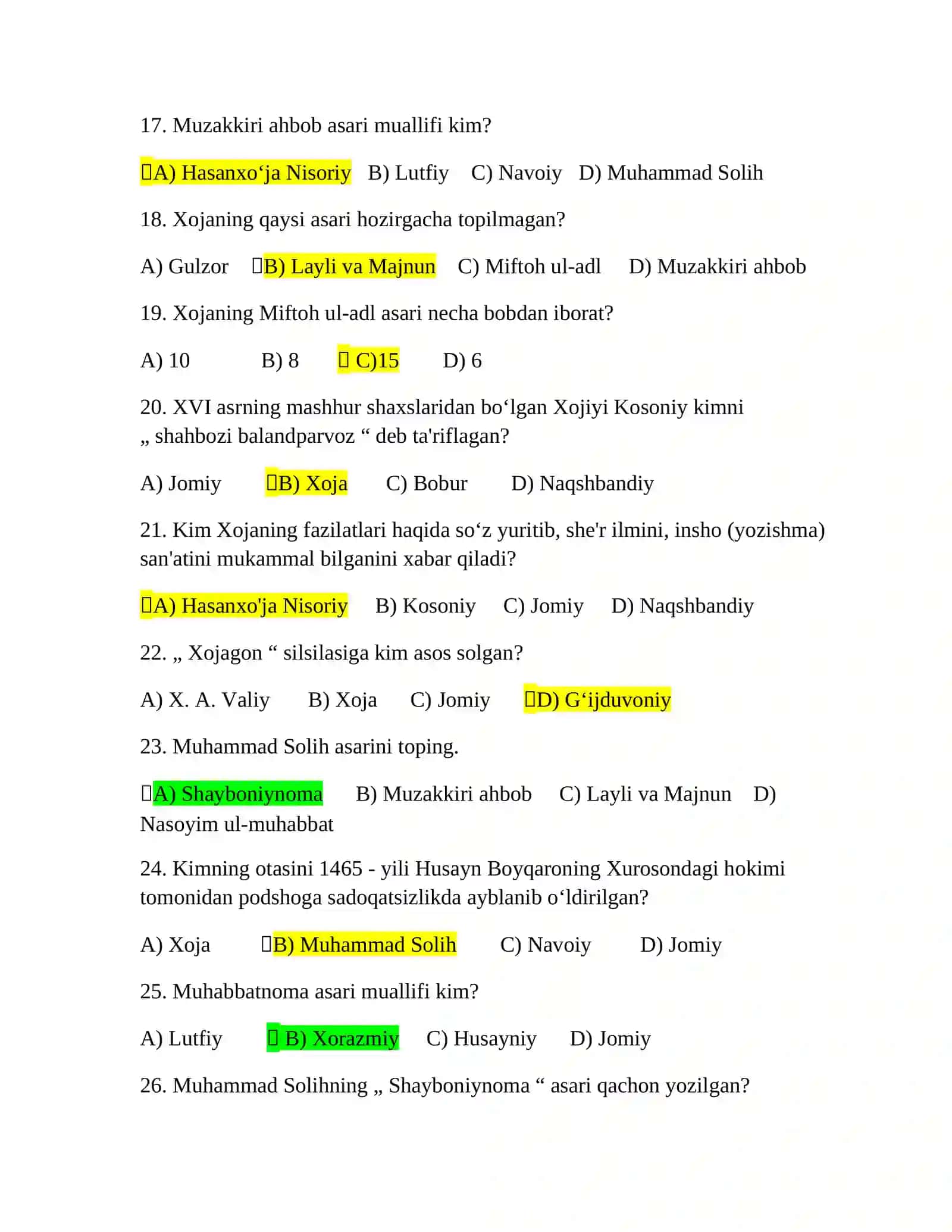 Oʻzbek adabiyotidan test savollari 3