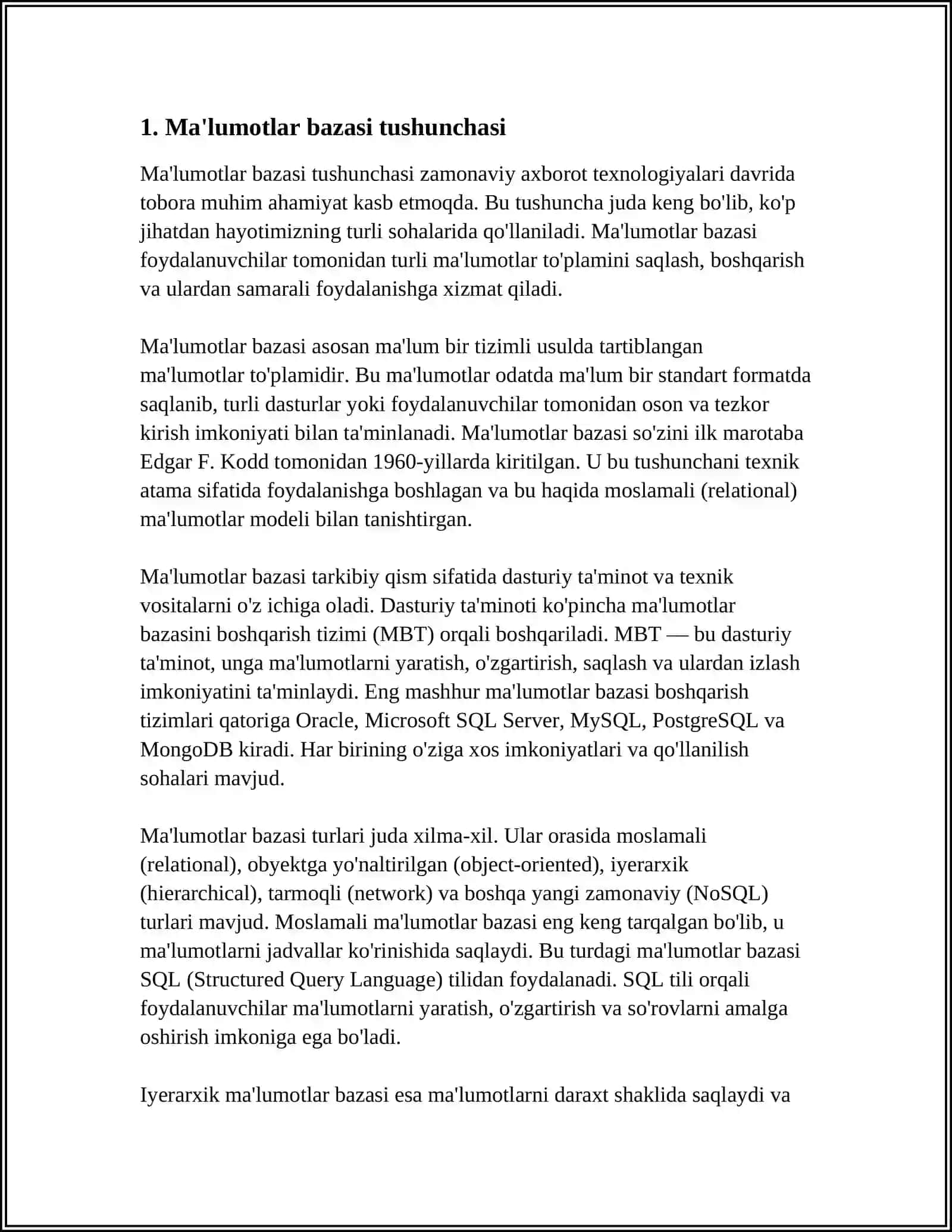 MASSIVLAR BILAN ISHLASH KOMPONENTALARI. MA’LUMOTLAR BAZASI BILAN BOG’LASH 3