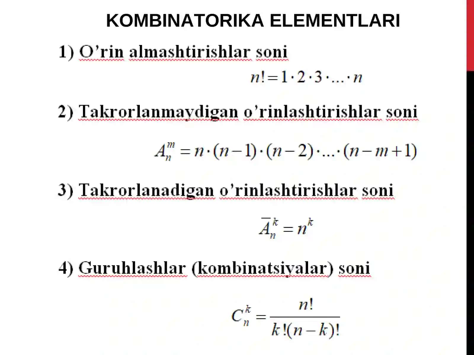 KOMBINATORIKA ELEMENTLARI. HODISALAR ALGEBRASI. EHTIMOLLIKNING KLASSIK, STATISTIK TA’RIFLARI. GEOMETRIK EHTIMOLLIK. EHTIMOLLIK XOSSALARI 3