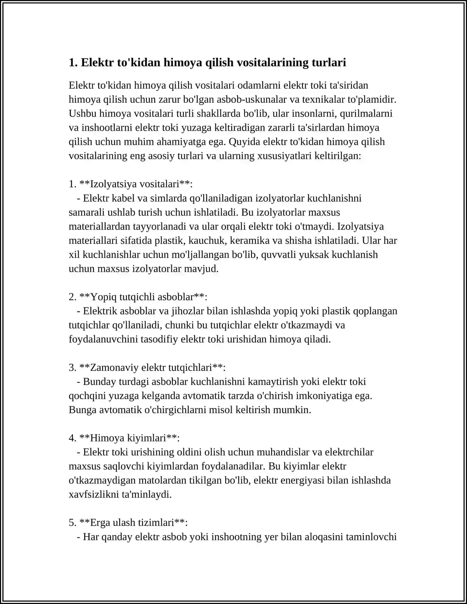 ELEKTR TO'KIDAN SAQLANISH VA HIMOYA VOSITALARI 3