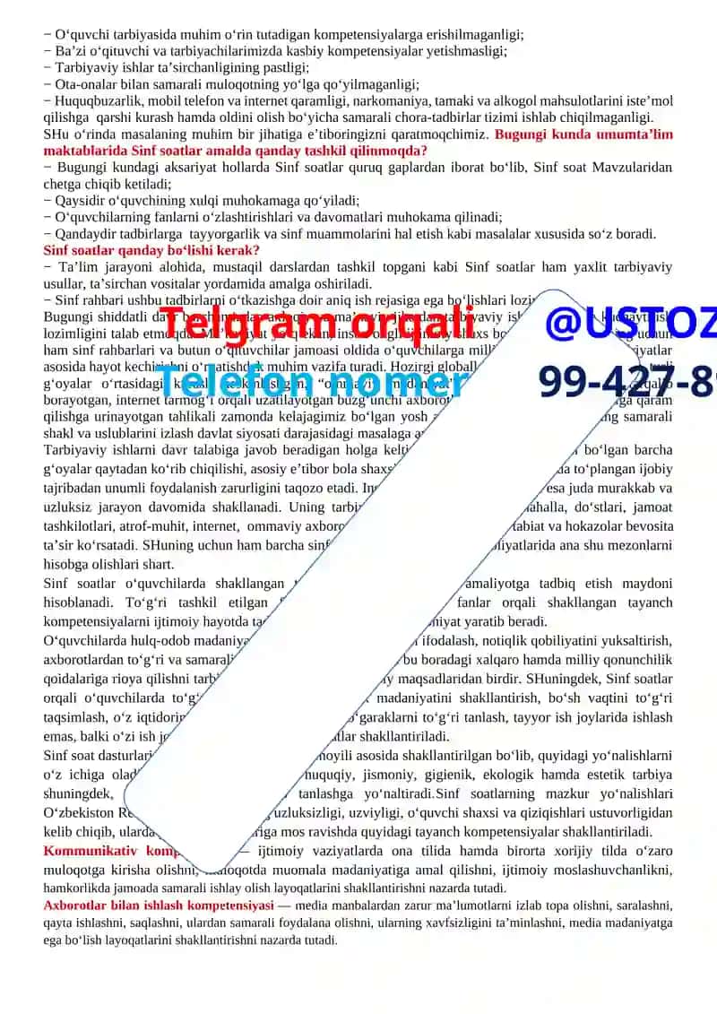 4-SINF UCHUN 2023-2024 O’QUV YILIGA MO’LJALLANGAN SINF SOATLAR ISH REJASI VA DARS ISHLANMALARI 3