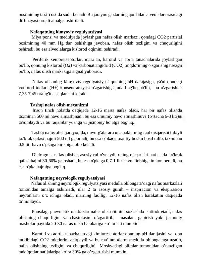 Nafas olish sistemasi fiziologiyasi gazlar transporti nafasning boshqarilishi 3