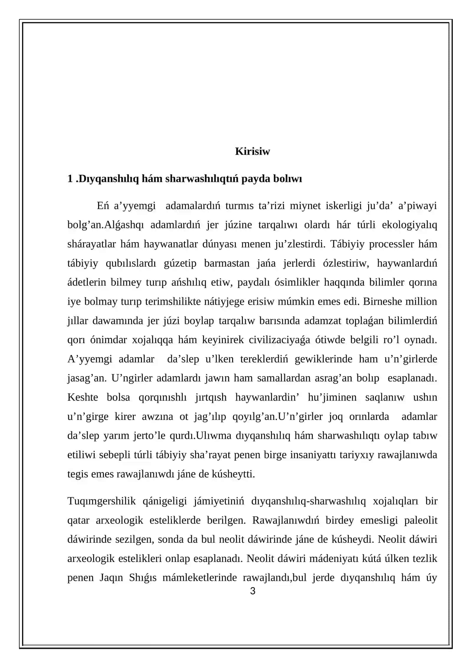 "Insan evolyuciyası hám aldınǵı tariyx" páninen KURS JUMÍSÍ 3