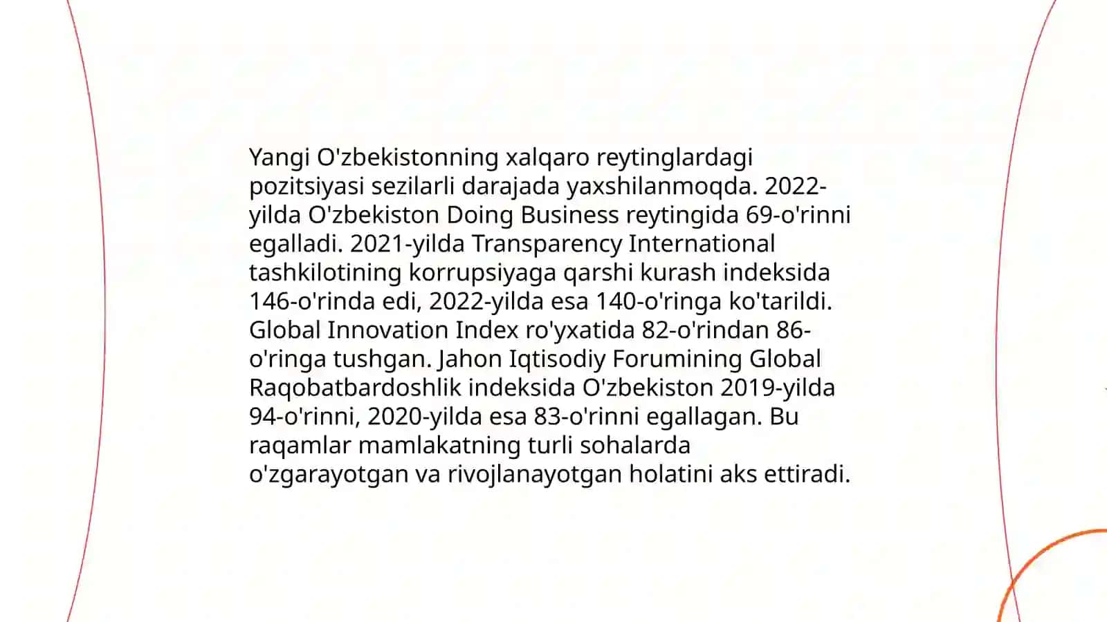 Yangi O'zbekiston ijtimoiy-siyosiy, iqtisodiy va madaniy hayotida ro'y berayotgan o'zgarishlarning xalqaro reyting va indeksda aks etishi 3