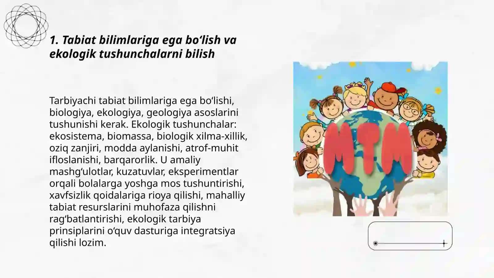 Tabiat bilan tanishtirishda tarbiyachi shaxsiga qoʻyiladigan talablari haqidagi fikrlarni oʻrganish 3