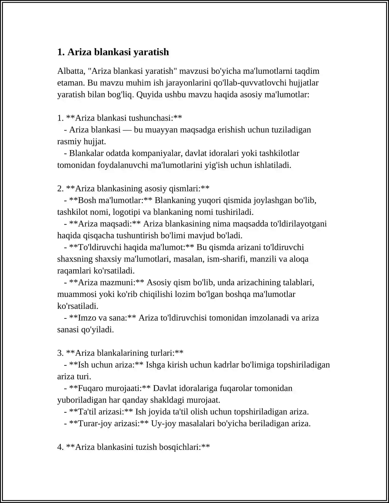 MS WORD MATN TAXRRIRLAGICHIDA TURLI XIL BLANKALAR YARATISH (ARIZA, KASALLIK KARTASI, ANALIZLAR BLANKASI VA H.K.) 3