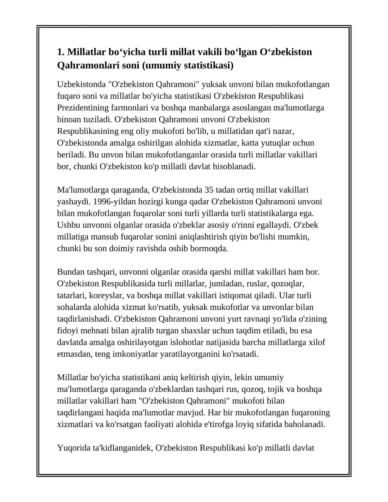 Turli millatlar vakili bo‘lgan necha nafar fuqaromiz o‘zbekiston qahramoni degan yuksak unvon bilan mukofotlangan 3