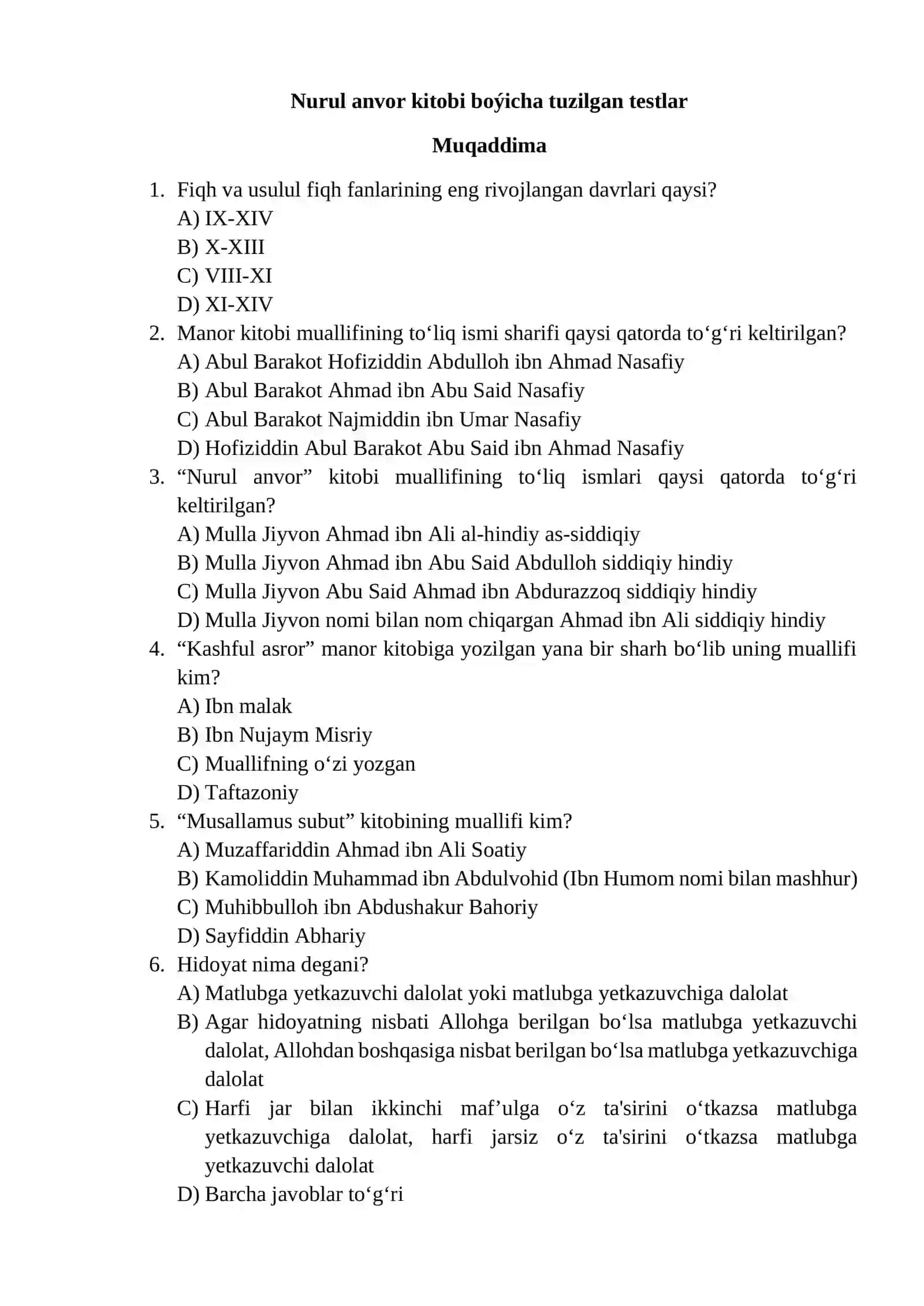 Islom dini huquqiy, maʼnaviy-axloqiy jihatlari haqida test 3