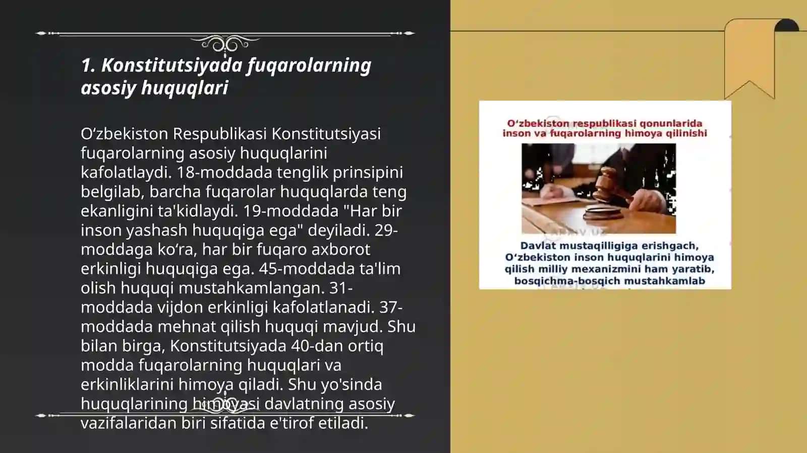 Fuqarolarning huquq va erkinliklarningkonstitutsiyada kafolatlanishi hamda fuqarolarning burchlari 3