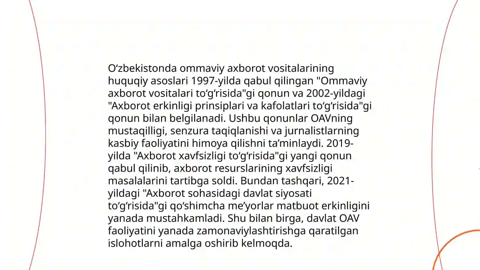 O'zbekiston Respublikasida ommaviy axborot vositalarining faoliyati. Yangi O'zbekistonda inson haq huquqlari va erkinliklar kafolatining yaratilishi Rejepova Asal 3