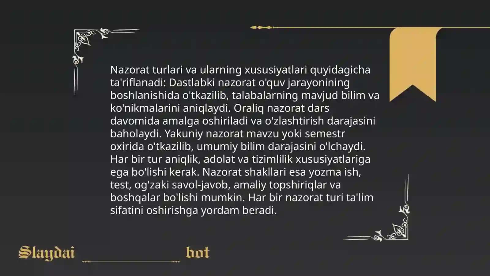 Bilimlarni nazorat qilish va nazorat ishlarini tashkil qilish va oʻtkazish 3