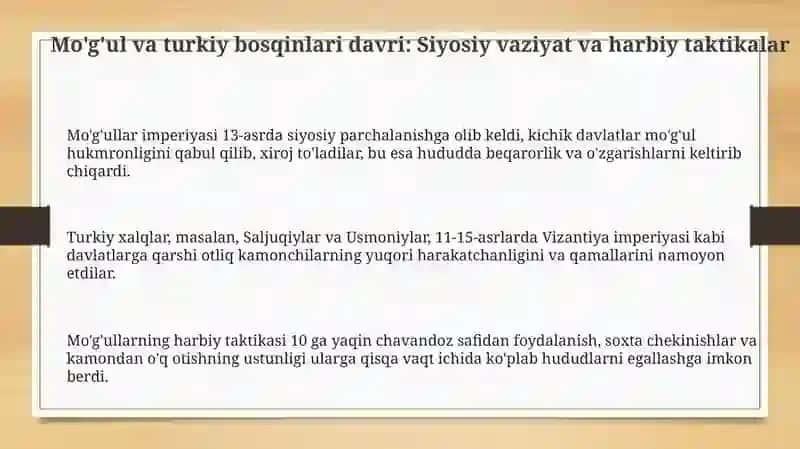 Mo'g'ul va turkiy bosqinlari davri: Siyosiy vaziyat va harbiy taktikalar 3