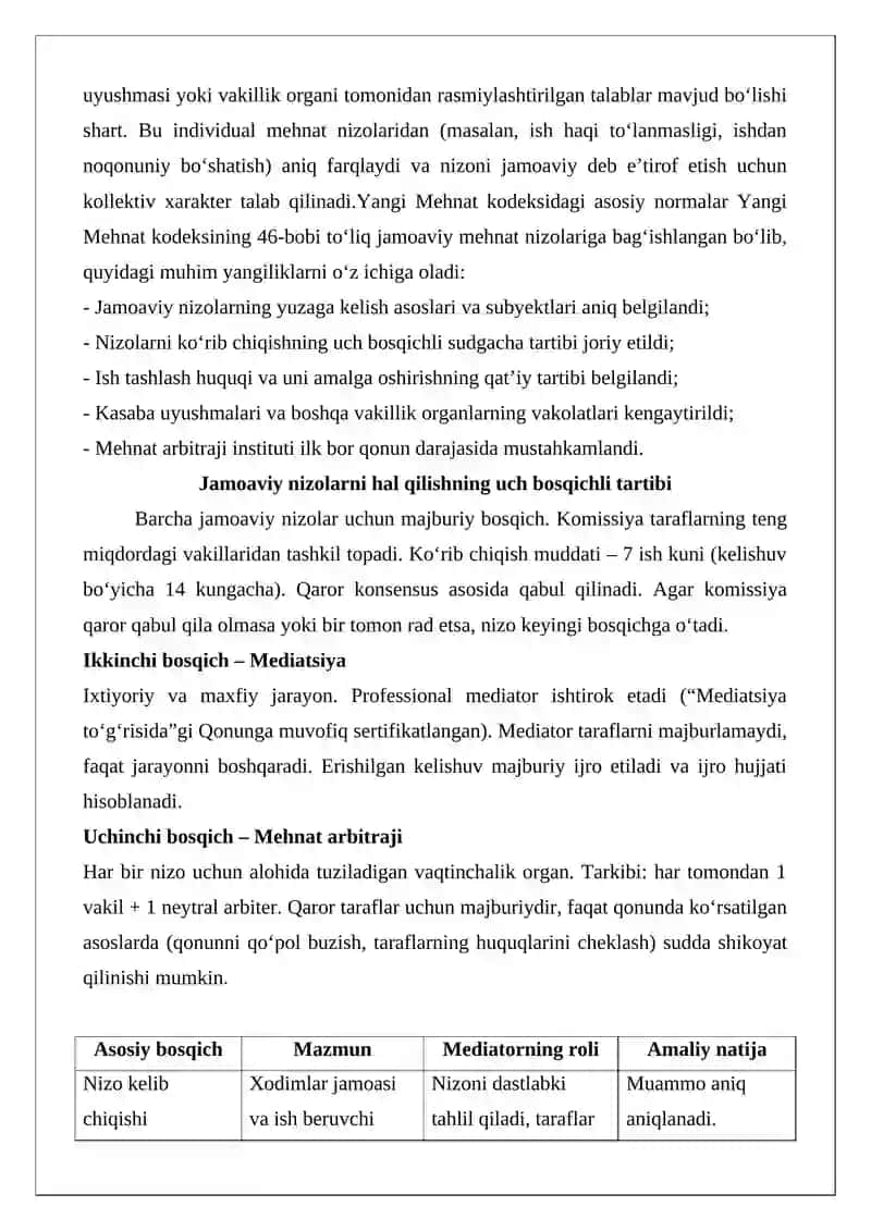 Jamoaviy mehnat nizolarini mediatr ishtirokida hal etish (tartibga solish) Referat 3