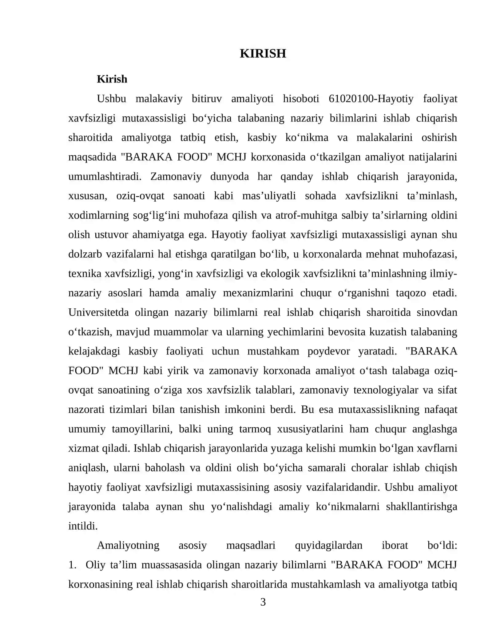 "Baraka Food" MChJ korxonasida mehnat muhofazasi va texnika xavfsizligi, yong‘in xavfsizligi choralari, sifat nazorati va zamonaviy texnologiyalardan foydalanish 3
