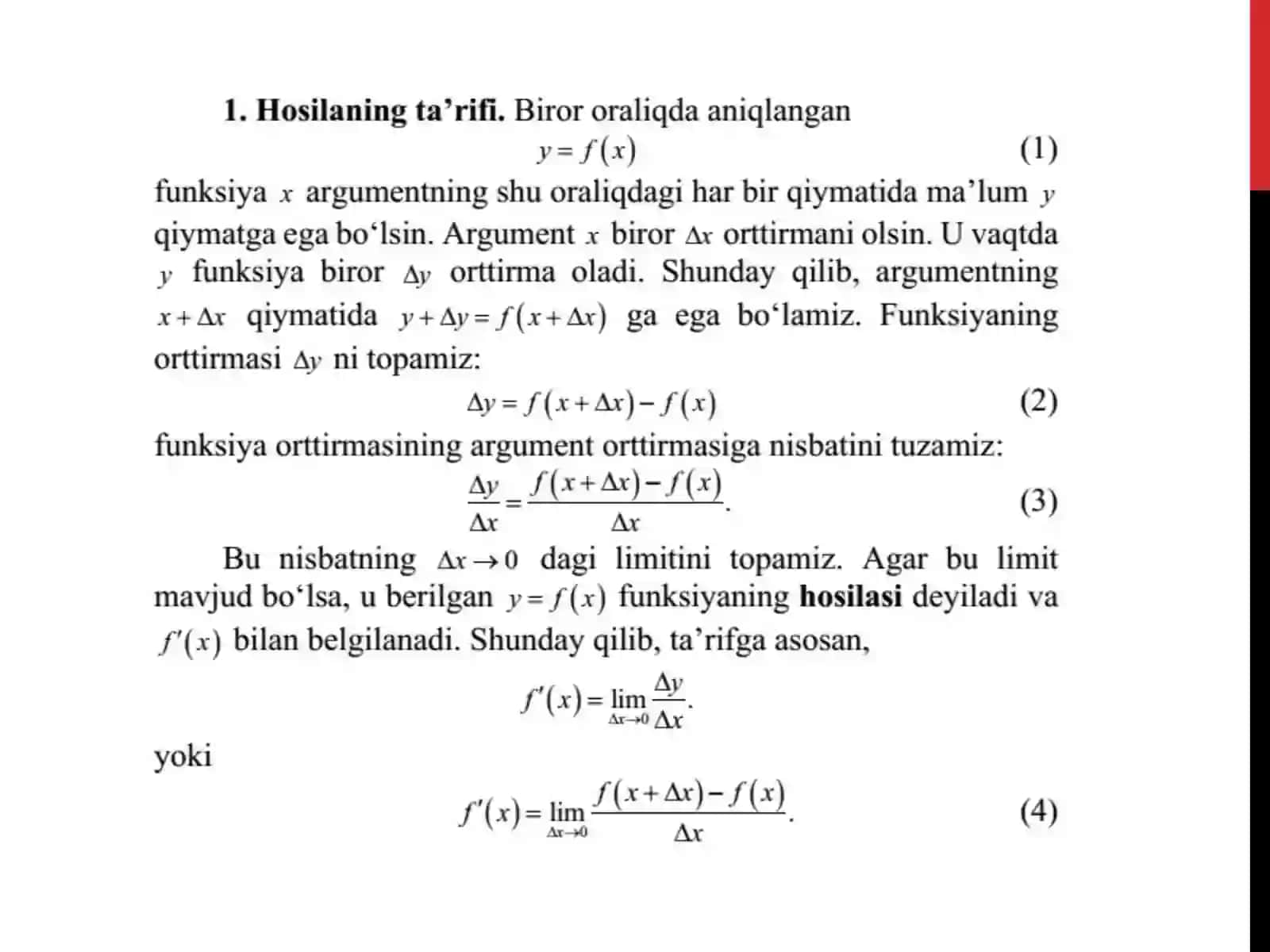 HOSILANING TA’RIFI, UNING GEOMETRIK VA MEXANIK MA’NOSI. FUNKSIYA GRAFIGIGA O’TKAZILGAN URINMA VA NORMAL TENGLAMALARI 3