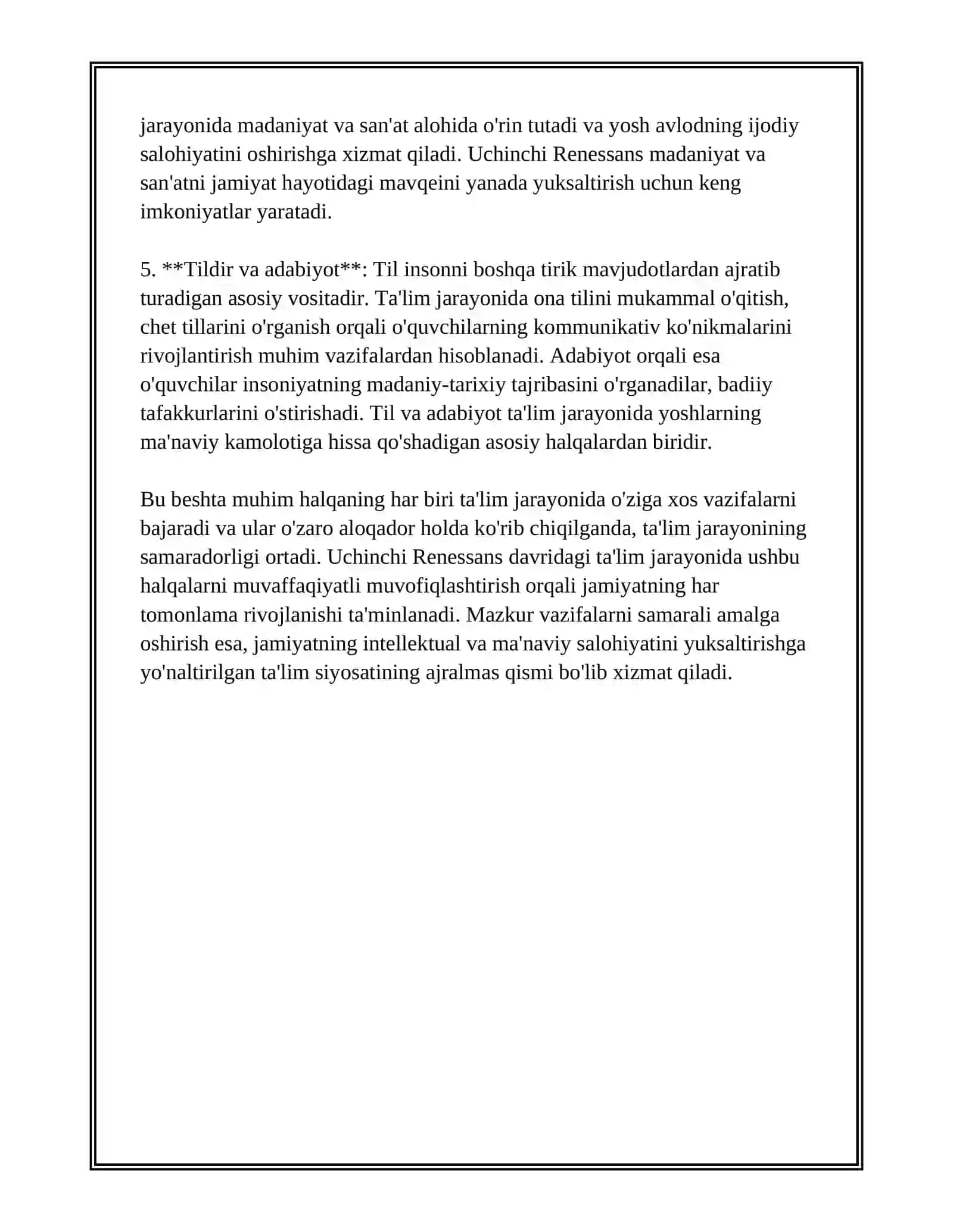"UCHINCHI RENESSANSNING BESHTA MUHIM HALQASI FAOLIYATINI MUVOFIQLASHTIRISHDA TA'LIM JARAYONIDAGI VAZIFALAR" 3