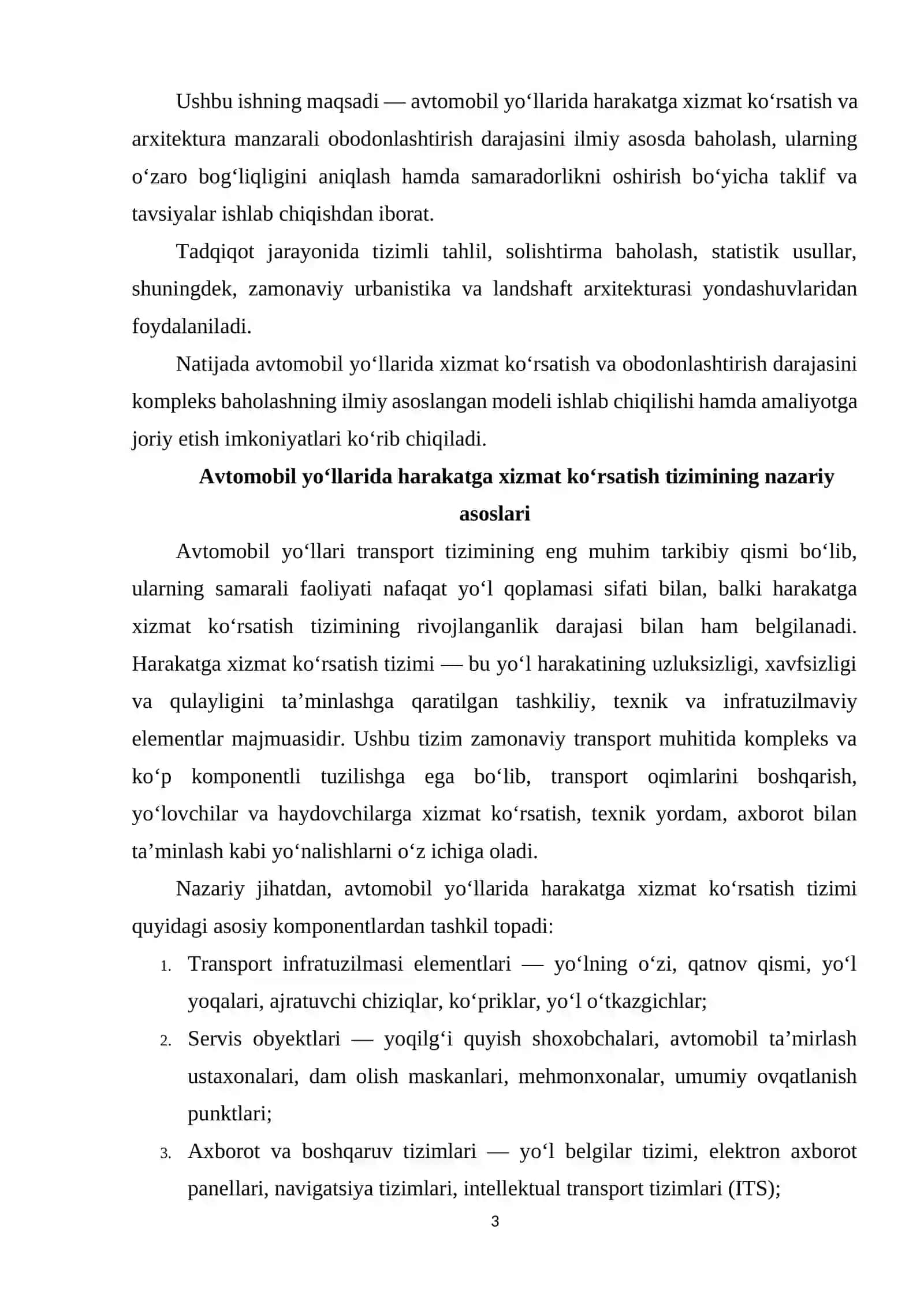 Avtomobil yo'llaridagi harakatga xizmat korsatish va arxitektura manzarali obodonlashtirish darajasini baholash 3