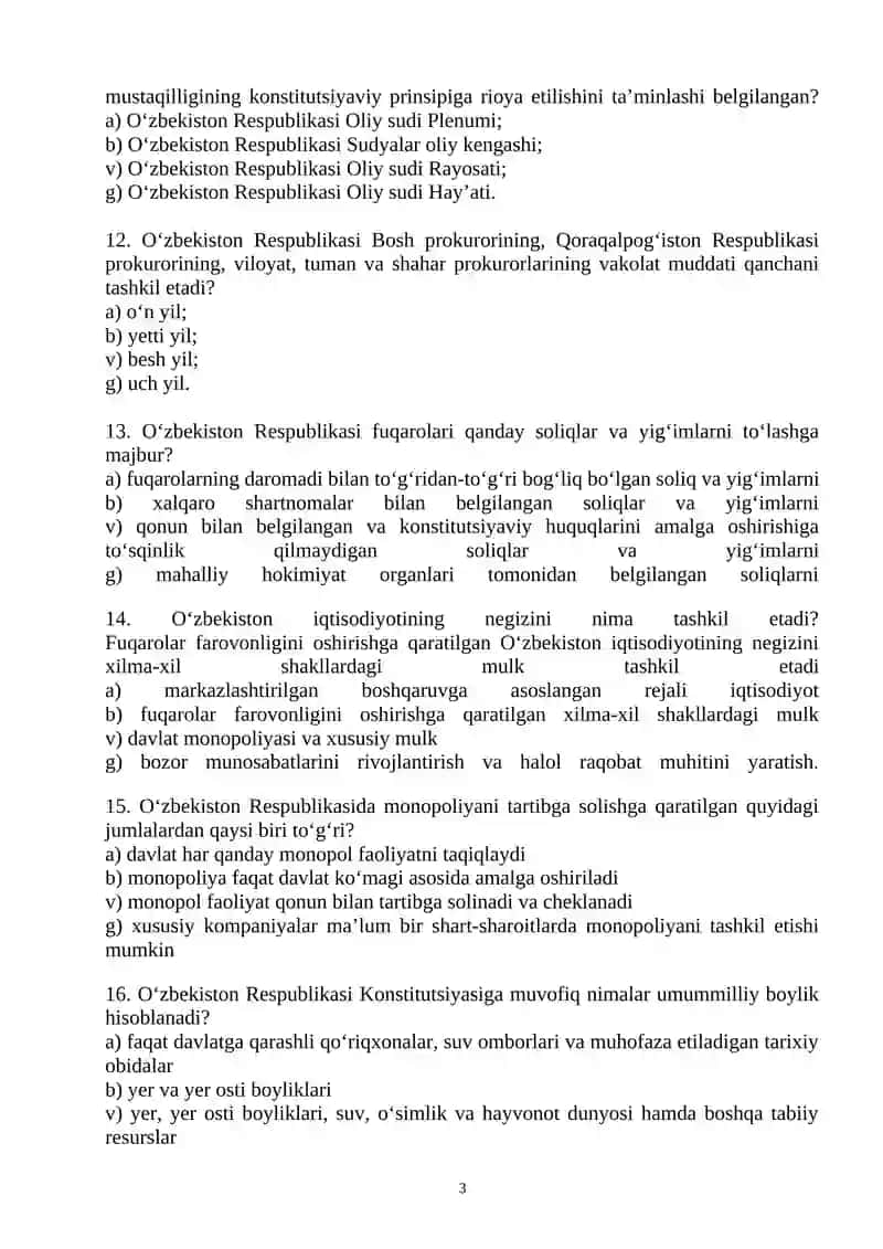 Yangi tahrirdagi O‘zbekiston Respublikasi Konstitutsiyasi fanidan test savollari 3