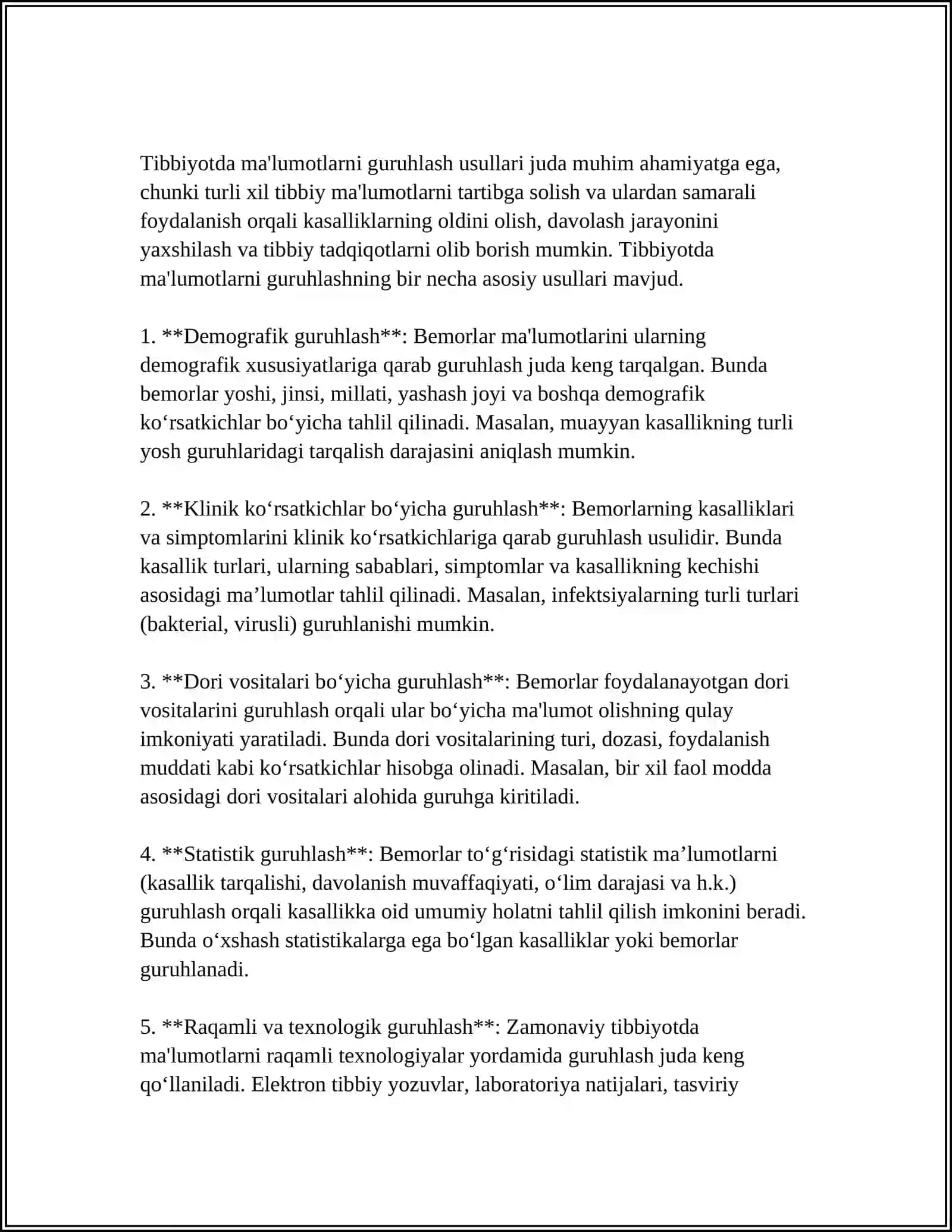 TIBBIYOT SOHASIGA OID JADVAL MA'LUMOTLARINI GURUHLASH, TARTIBLASH, SARALASH VA FILTIRLASH 3