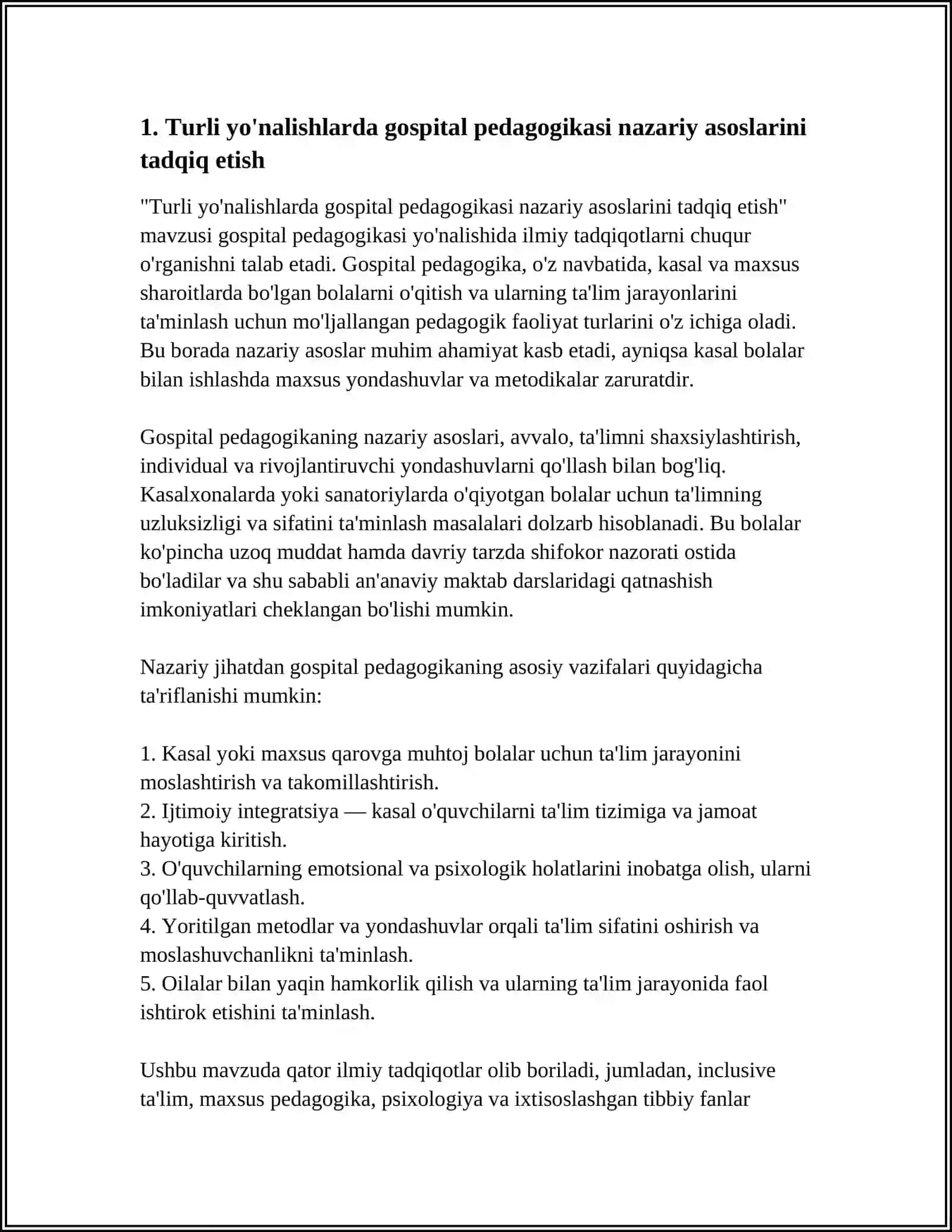 Turli yo'nalishlarda gospital pedagogikasi nazariy asoslarini tadqiq etish 3