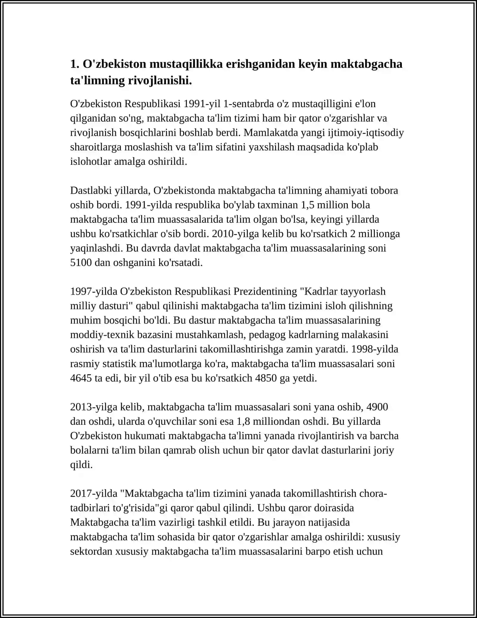 MUSTAQIL ISH Mavzu: MAKTABGACHA TA'LIM TARIXI. MUSTAQILLIK YILLARIDA MAKTABGACHA TA'LIM TIZIMIGA YANGICHA YONDASHUV 3