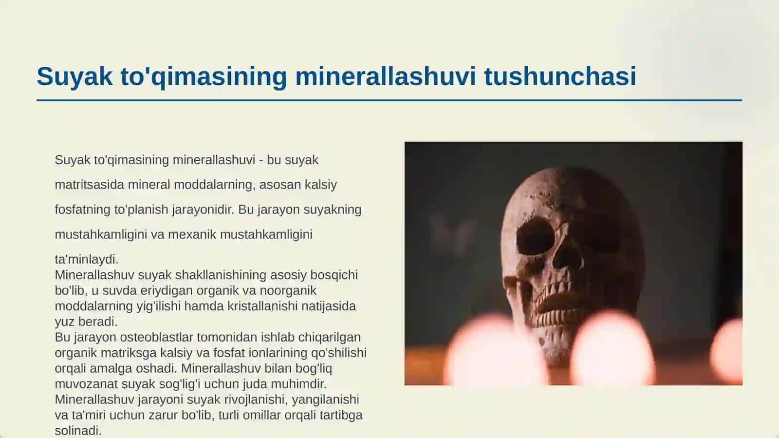 SUYAK TO’QIMALARINING MINERALLASHUVI, UNING TARTIBGA SOLINISHI VA BUZILISHLARI. SUYAK VA TOG’AY TO’QIMALARINING REGENERATSIYASI VA TRANSPLANTATSIYASI. SUYAKNING O’SISHIGA TA’SIR QILUVCHI OMILLAR. KO’NDALANG TARG’IL VA SILLIQ MUSHAKLARNING QISQARISH MEXANIZMI. MUSHAKLARNING TARAQQIYOTI, STRUKTURAVIY BUTUNLIGINI SAQLANISHI VA REGENERATSIYASIDA INNERVATSIYASINING AHAMIYATI 3