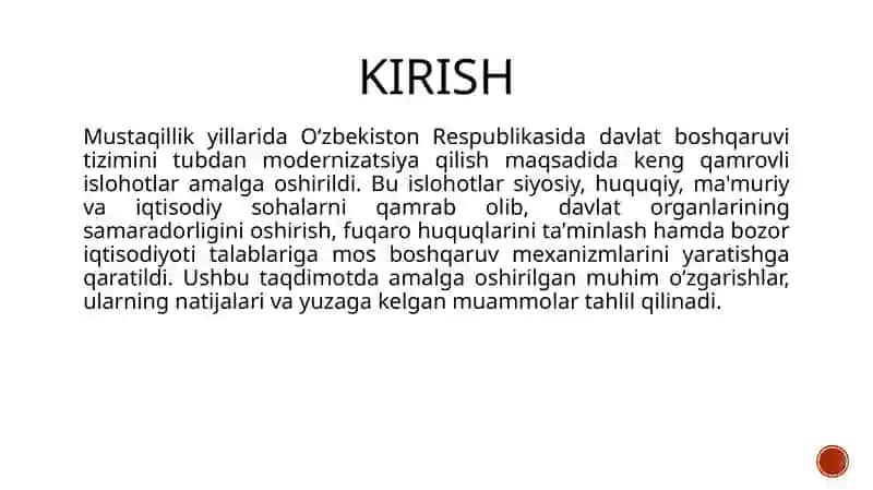 O'zbekiston Respublikasining Mustaqillik yillarida davlat boshqaruvi tizimida amalga oshirilgan islohotlar 3