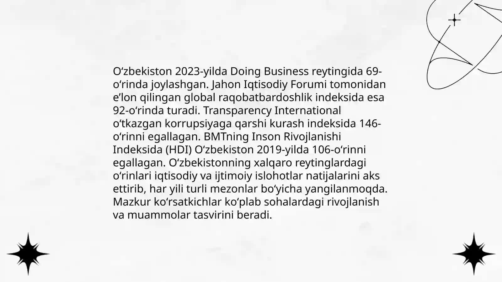 Oʻzbekiston va Jahon Hamjamiyati. Yangi Oʻzbekiston ijtimoiy- siyosiy iqtisodiy va madaniy hayotida roʻy berayotgan oʻzgarishlarning xalqaro reyting va indekslarda aks etishi 3