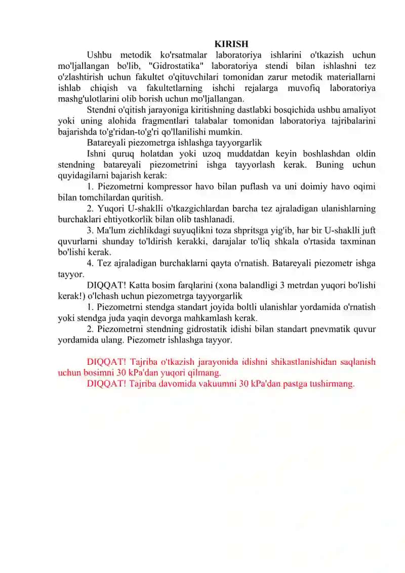 ГИДРОСТАТИКА TA'LIM-LABORATORIYA JIHOZINING KOMPLEKTI 3