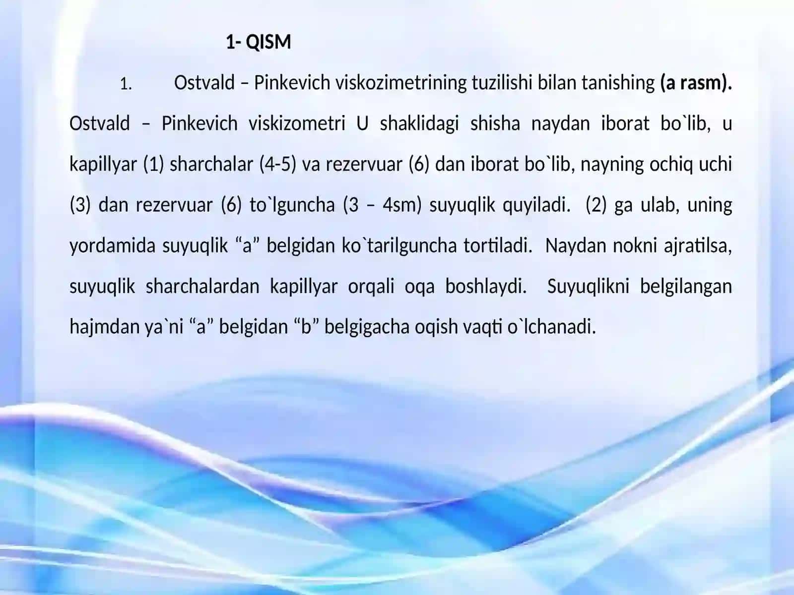 Ostvald-Pinkevich viskozimetri yordamida om‘alum suyuqliklarning qovushqoqliginianiqlash 3