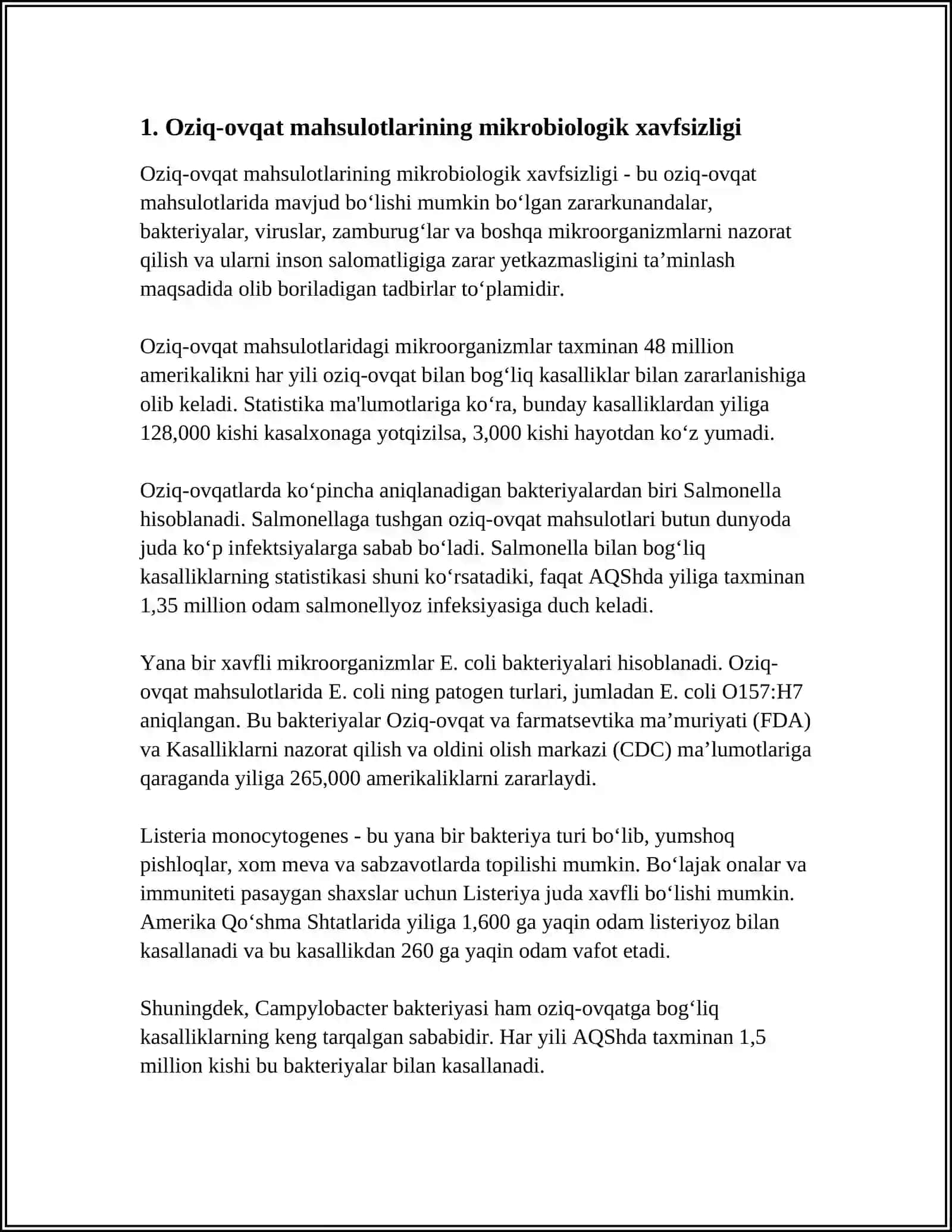 Oziq-ovqat mahsulotlarining biologik mikrobiologik havfsizligini ta'minlash va mikroorganizmlarni faoliyatini oʻrganish 3