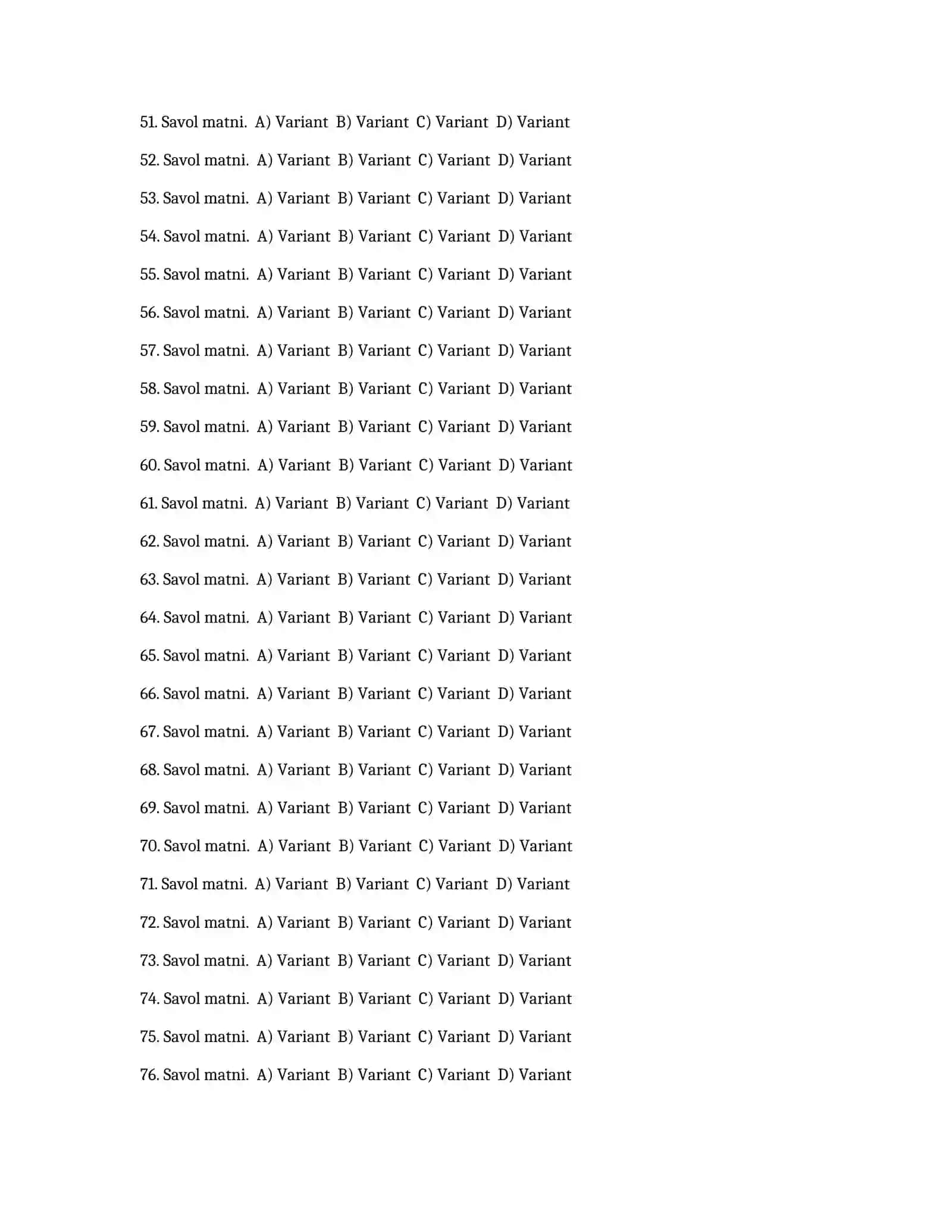 DTM va Attestatsiya Testlari – 500 Test uchun Shablon 3