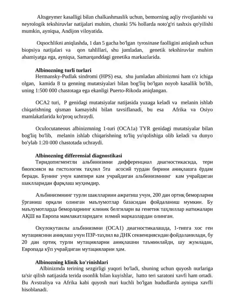 Albinizm. Etiopatogenezi, klinikasi, diagnostikasi, davolash va profilaktikasi. 3