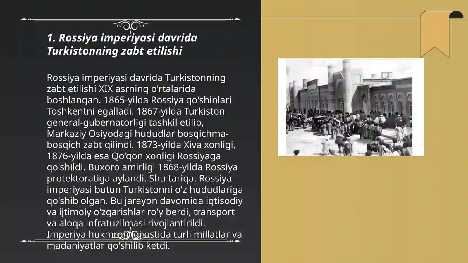 Rossiya imperiyasi va sovet hukmronligi davrida oʻlkadagi ijtimoiy - iqtisodiy, siyosiy va maʼnaviy jarayonlar. Ziyodullayeva Ruxshona 3