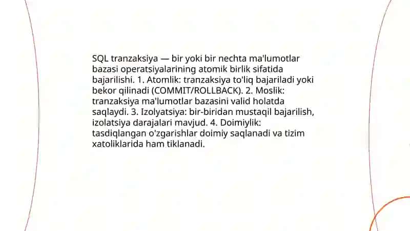 SQLda jarayonlar va standart funksiyalar 3