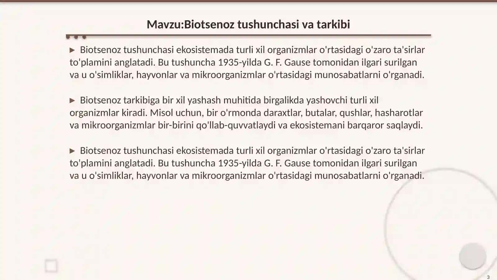 Biotsenoz, biogeotsinoz va ekotizimlarning tuzilmalari va xususiyatlari 3