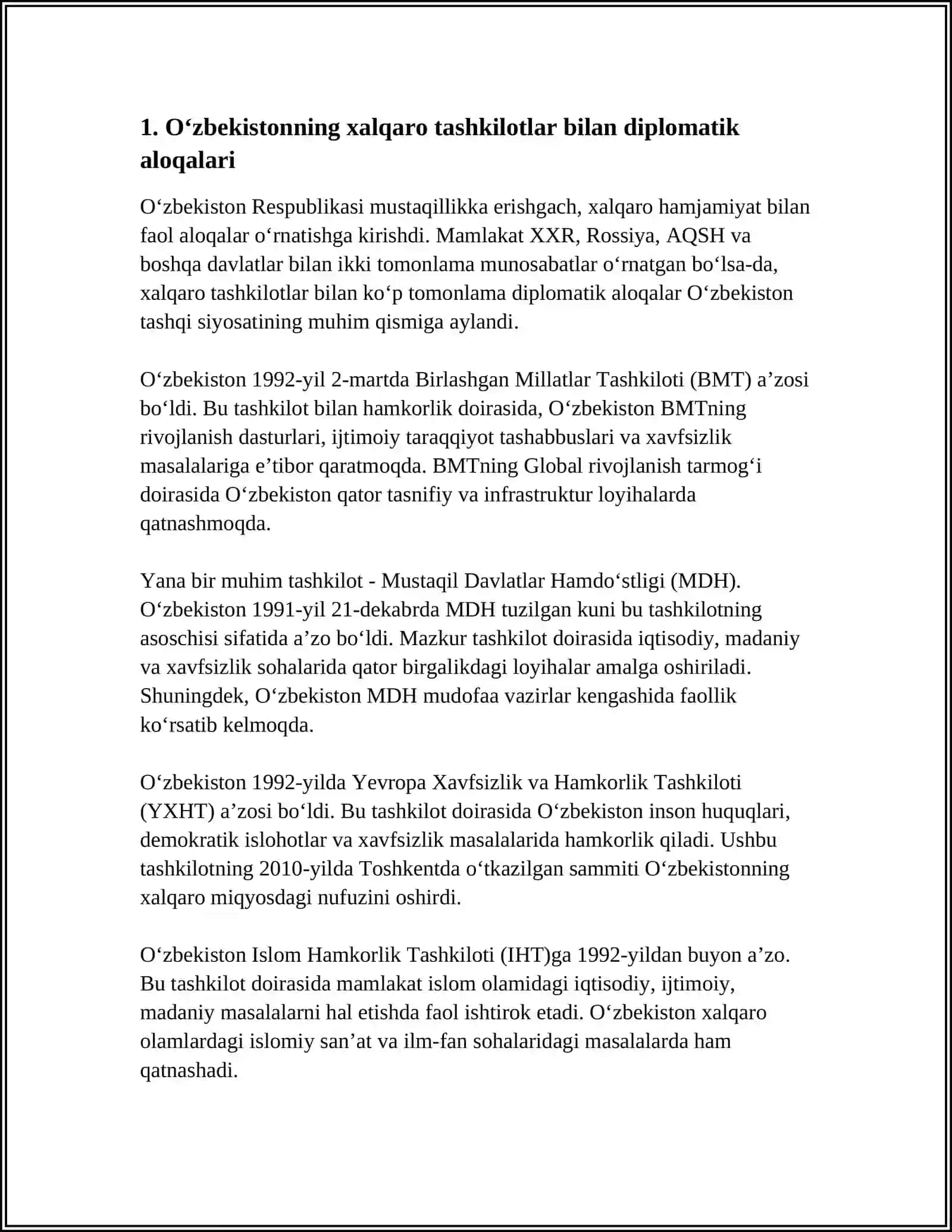 O‘zbekiston RESPUBLIKASI XALQARO TASHKILOTLAR BILAN HAMKORLIK ALOQALARI MAVZUSI BOYICHA REFERAT 3
