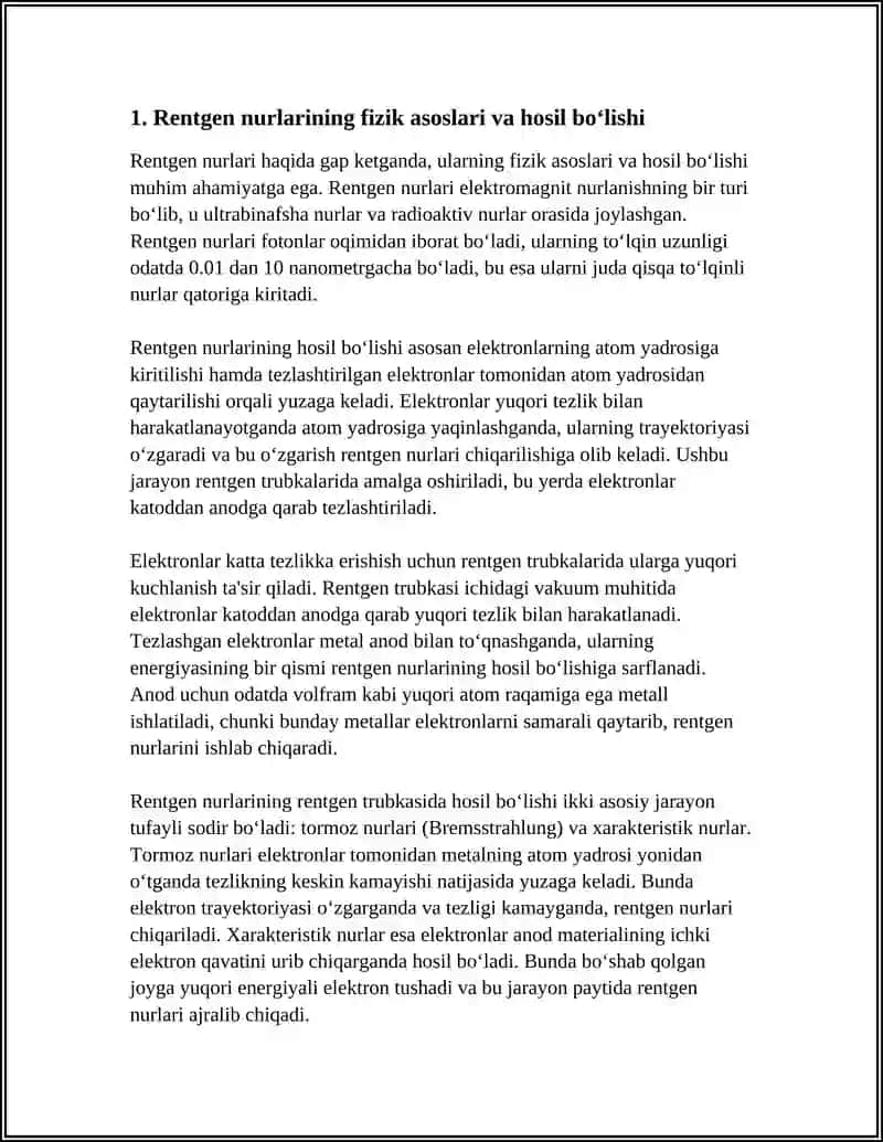 RENTGEN NURLARI TIBBIYOTDA VA BOSHQA SOHALARDA ISHLATILISHI HAQIDA MAʼLUMOT 3